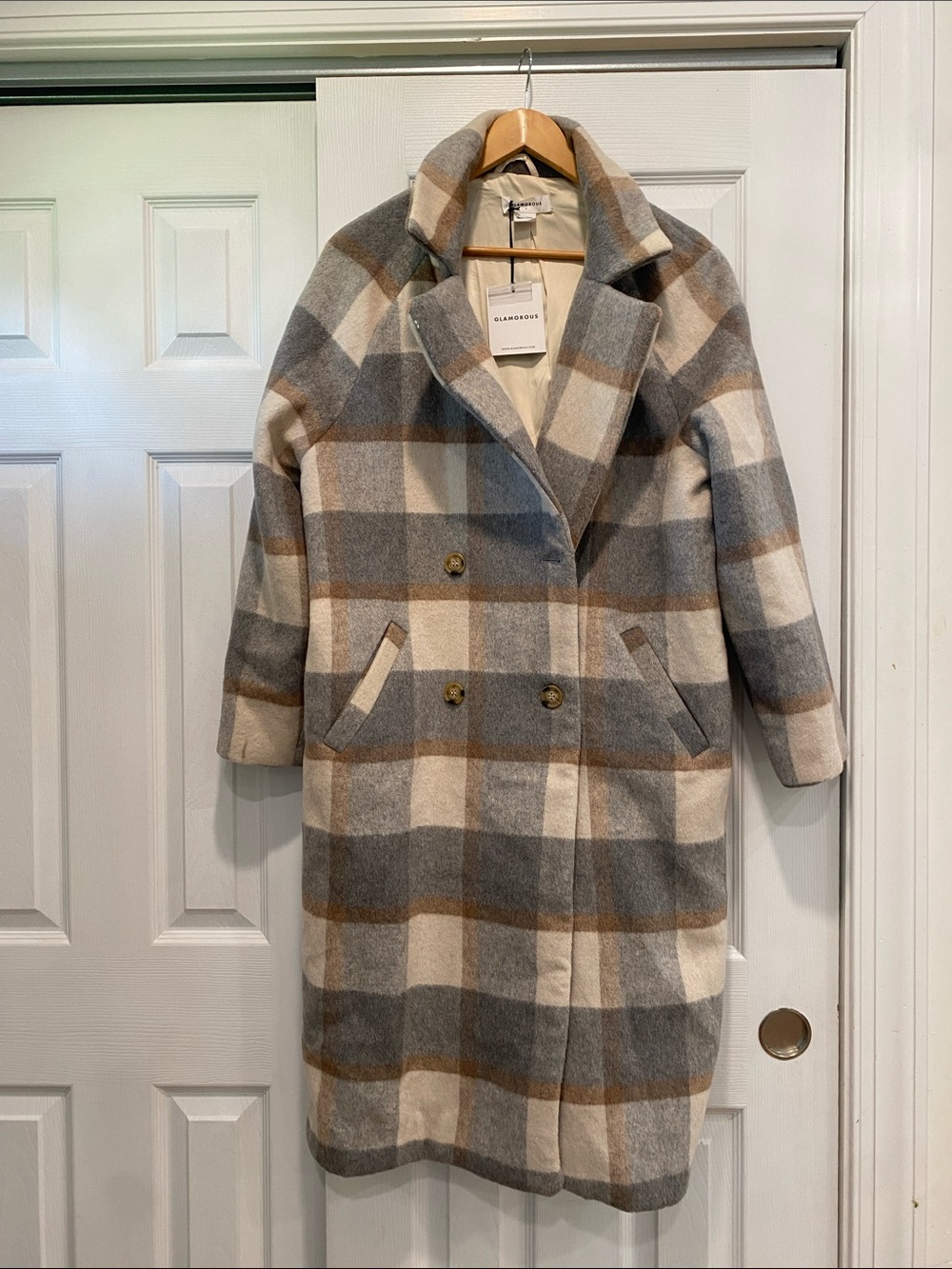 Glamorous Checked Double-Breasted Pea Coat in Cream, Gray & Brown